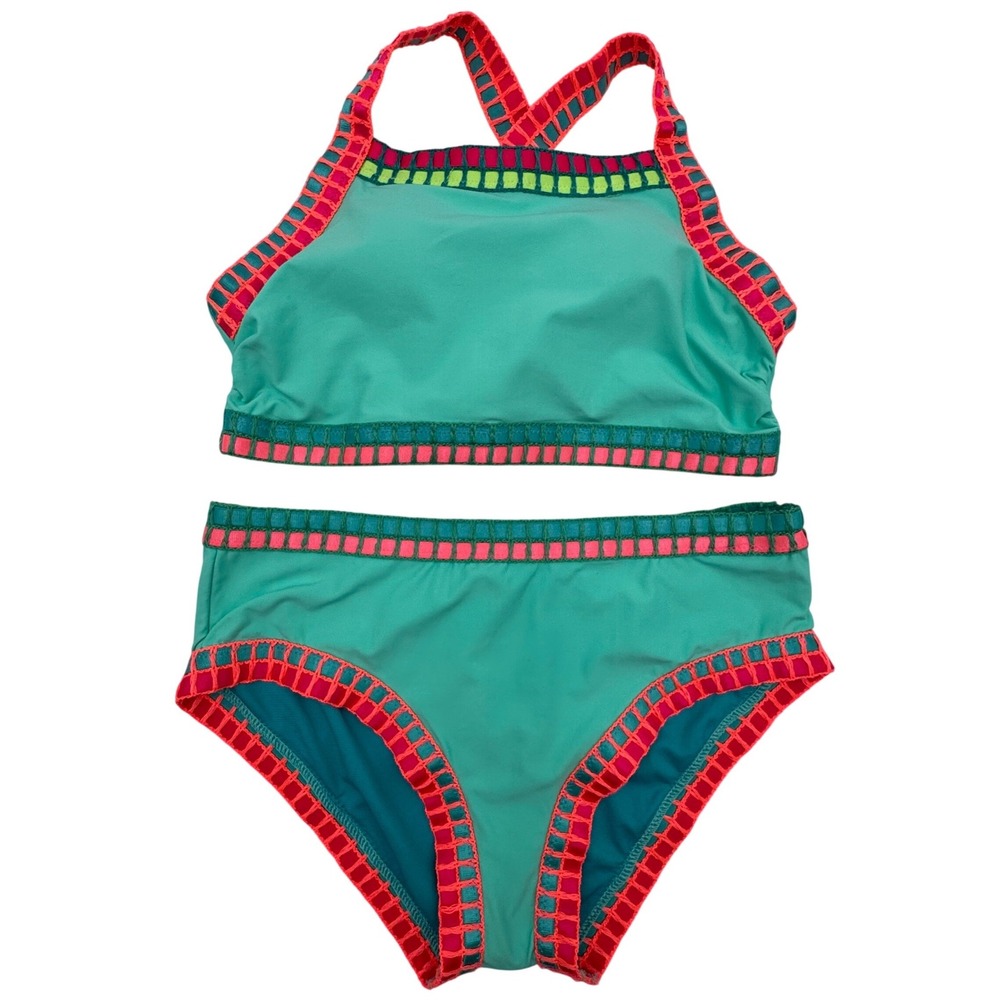 Beach Lingo Cross Back Embroidered Two-Piece Swimsuit Girls 16 Teal Orange Boho